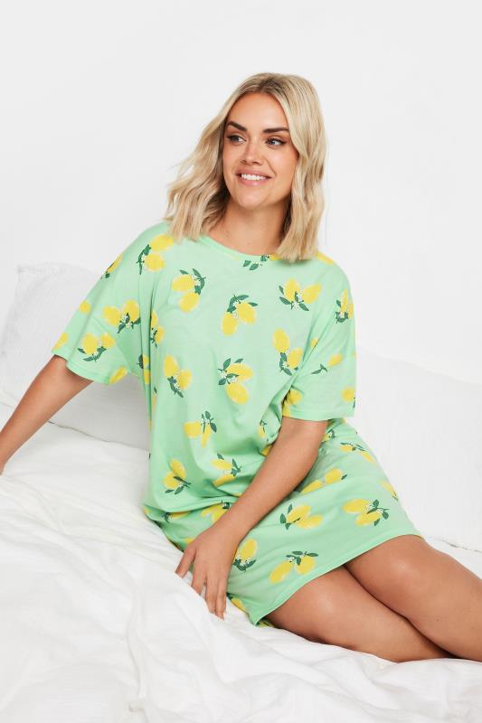 YOURS Plus Size Green Lemon Print Sleep Tee Nightdress | Yours Clothing 1