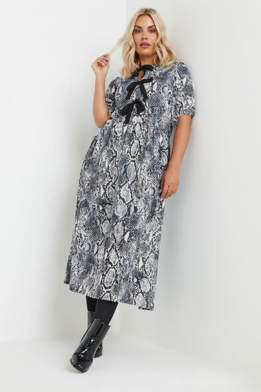 LIMITED COLLECTION Plus Size Grey Snake Print Bow Dress | Yours Clothing  1