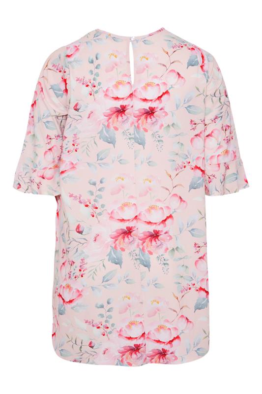YOURS LONDON Plus Size Pink Floral Flute Sleeve Tunic Top | Yours Clothing 7