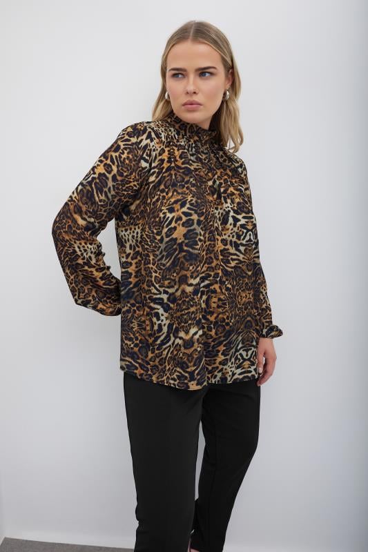 Plus Size  YOURS LONDON Curve Brown Animal Print High Neck Blouse