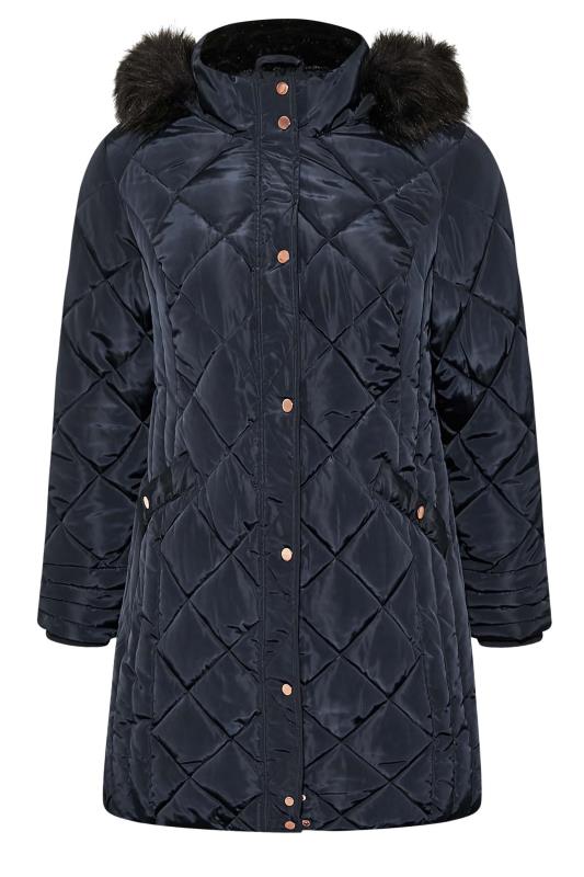 Curve Navy Blue Diamond Quilted Midi Puffer Coat | Yours Clothing 6