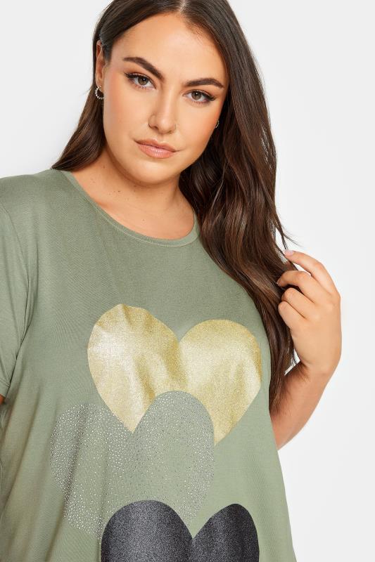 YOURS Plus Size Sage Green Glitter Heart Print T-Shirt | Yours Clothing  4