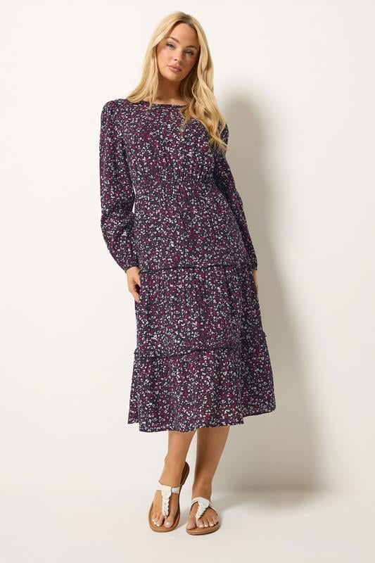 M&Co Berry Purple Ditsy Floral Print Ruffle Midi Dress | M&Co 1