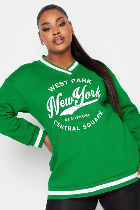 YOURS Plus Size Green 'New York' Slogan Sweatshirt | Yours Clothing 1