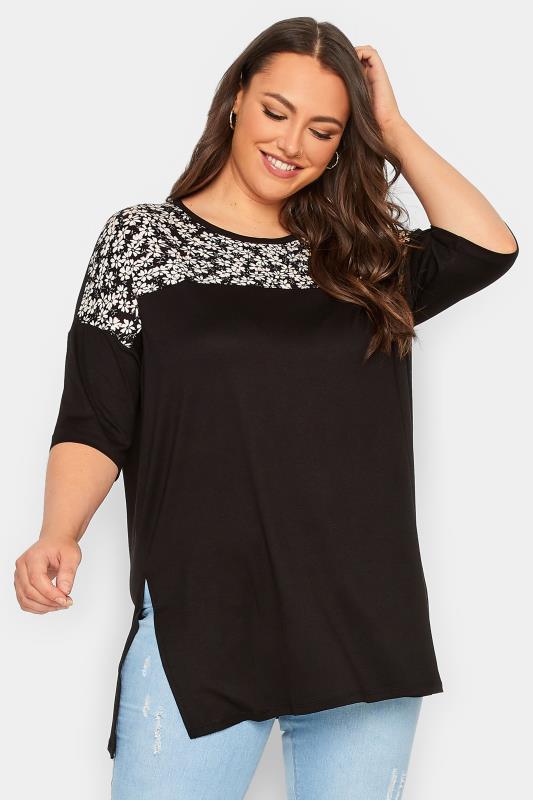 YOURS Plus Size Black Floral Panel Top | Yours Clothing 1