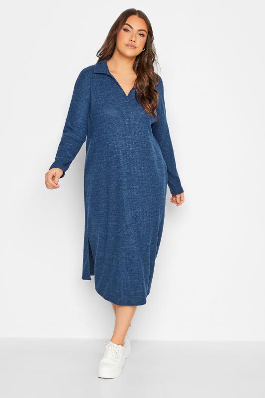 Plus Size Blue Soft Touch Open Collar Midi Dress | Yours Clothing  2