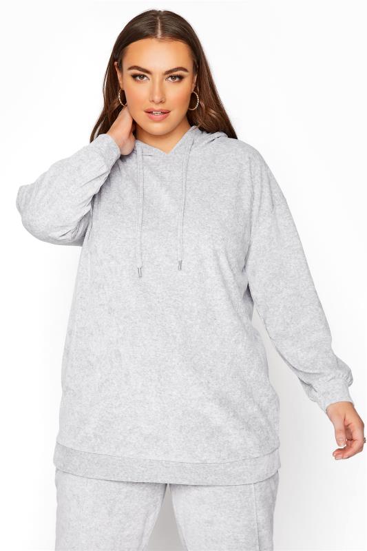 Plus Size  Grey Marl Velour Sweat Hoodie