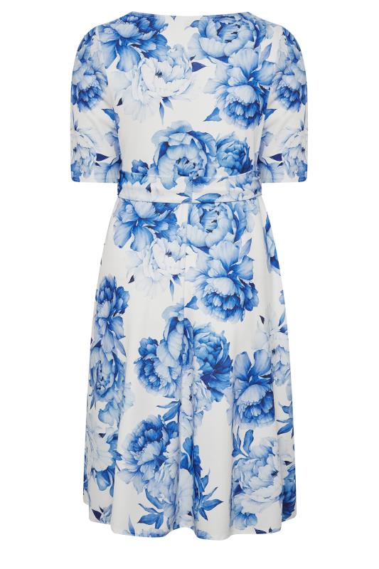 YOURS LONDON Curve Plus Size White & Blue Notch Neck Floral Dress | Yours Clothing 7