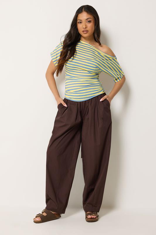 PixieGirl Petite Women's Blue & Yellow Stripe Slash Neck Ruched T-Shirt | PixieGirl  1