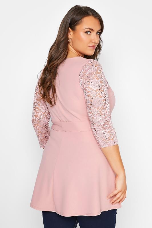 YOURS LONDON Plus Size Pink Lace Sequin Sleeve Peplum Top | Yours Clothing  3