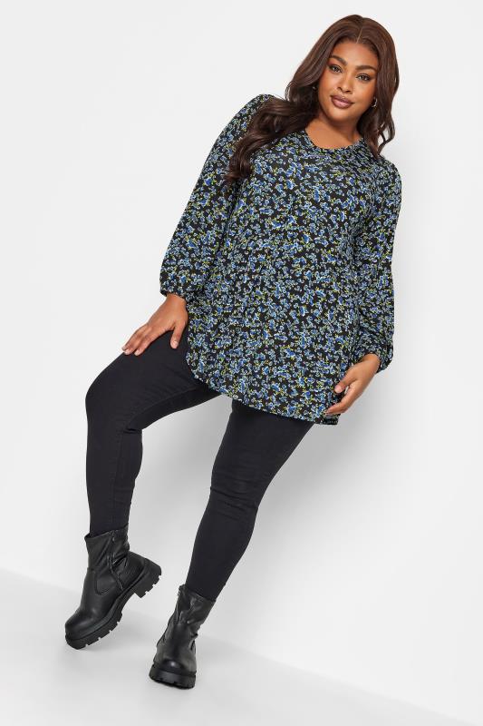 Plus Size Blue Long Sleeve Floral Print Swing Top | Yours Clothing 2