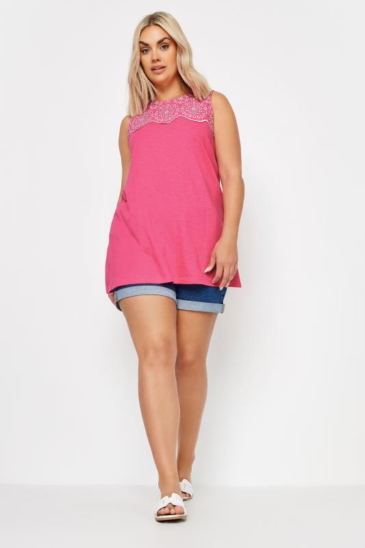YOURS Plus Size Pink Broderie Anglaise Detail Vest Top | Yours Clothing 2