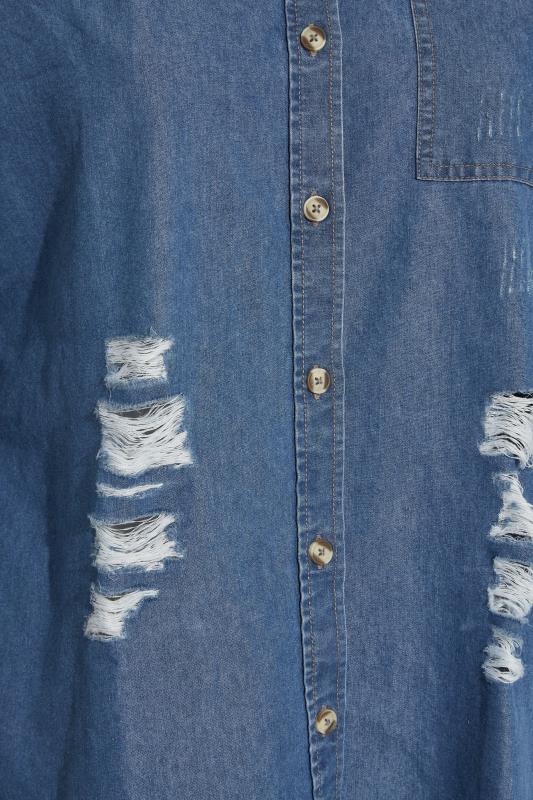 Plus Size Blue Long Sleeve Distressed Denim Shirt | Yours Clothing 5