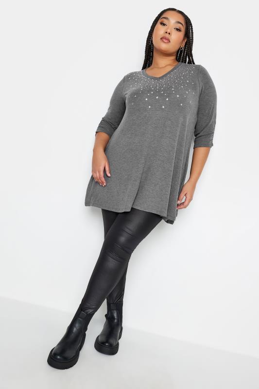 YOURS Plus Size Grey Star Stud Embellished Swing Top | Yours Clothing