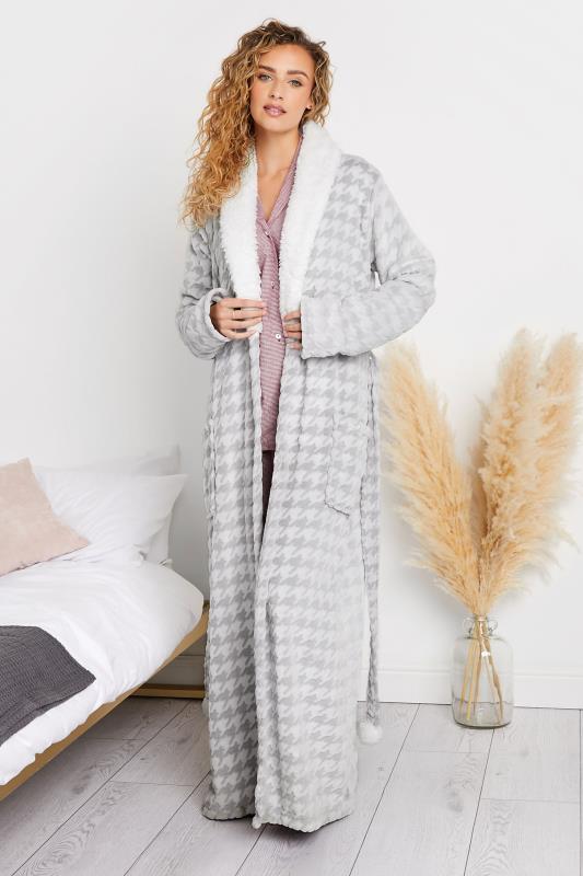 LTS Tall Womens Grey & White Soft Dogtooth Dressing Gown | Long Tall Sally 3