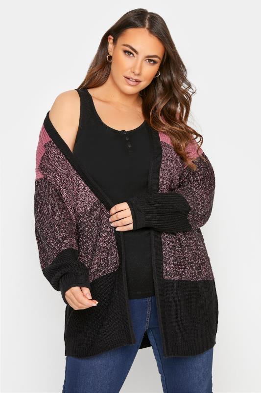 Plus Size Curve Pink Colour Block Knitted Cardigan | Yours Clothing 1