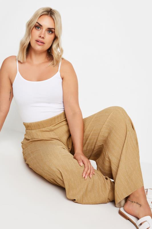 YOURS Plus Size Natural Brown Textured Wide Leg Trousers | Yours Clothing 2