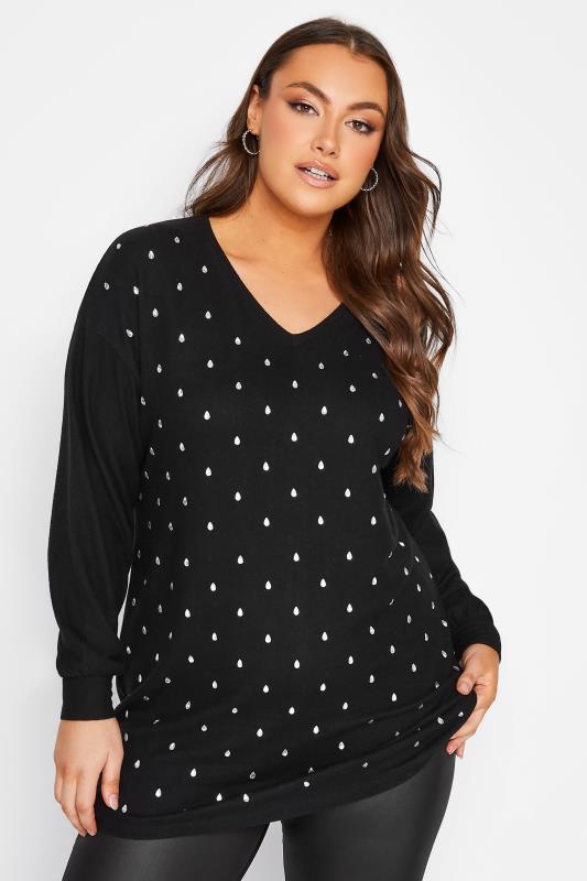 Plus Size Black Embellished Stud Detail Top | Yours Clothing 1