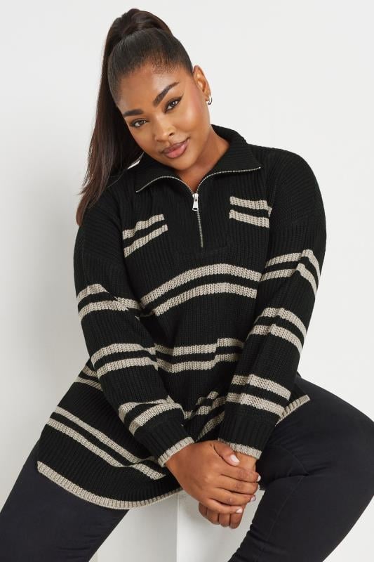 YOURS Plus Size Black Stripe Quarter Zip Knitted Jumper | Yours Clothing 1