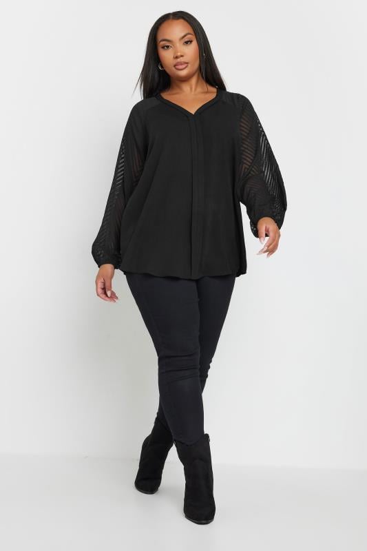 YOURS Plus Size Black Burnout Sleeve V-Neck Blouse | Yours Clothing 3