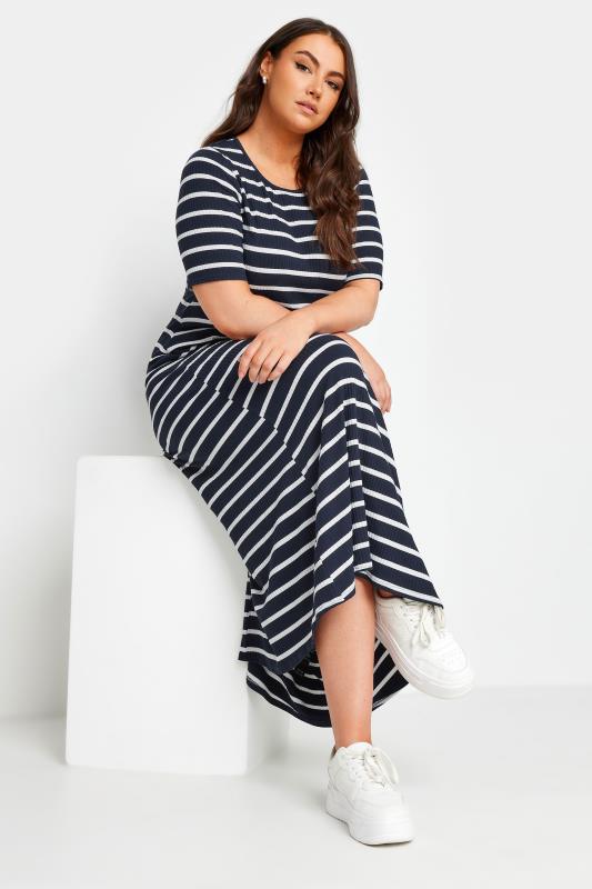  Grande Taille YOURS Curve Navy Blue & White Striped Ribbed Swing Maxi Dress