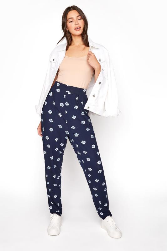 Tall  LTS Tall Navy Blue Floral Double Pleat Jersey Harem Trousers