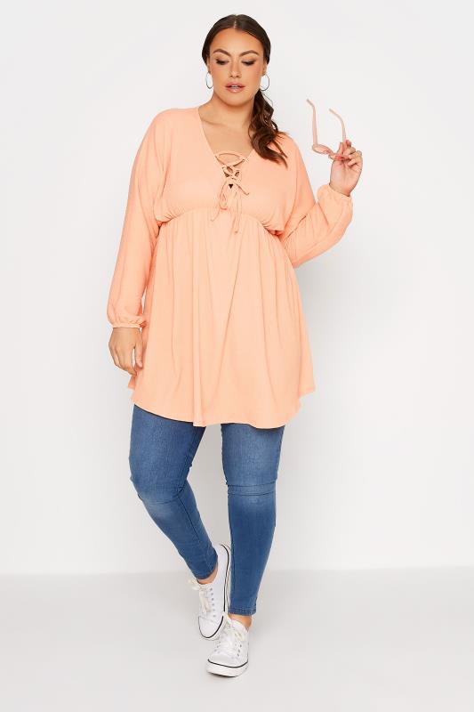 LIMITED COLLECTION Plus Size Orange Crinkle Lace Up Peplum Blouse | Yours Clothing 2