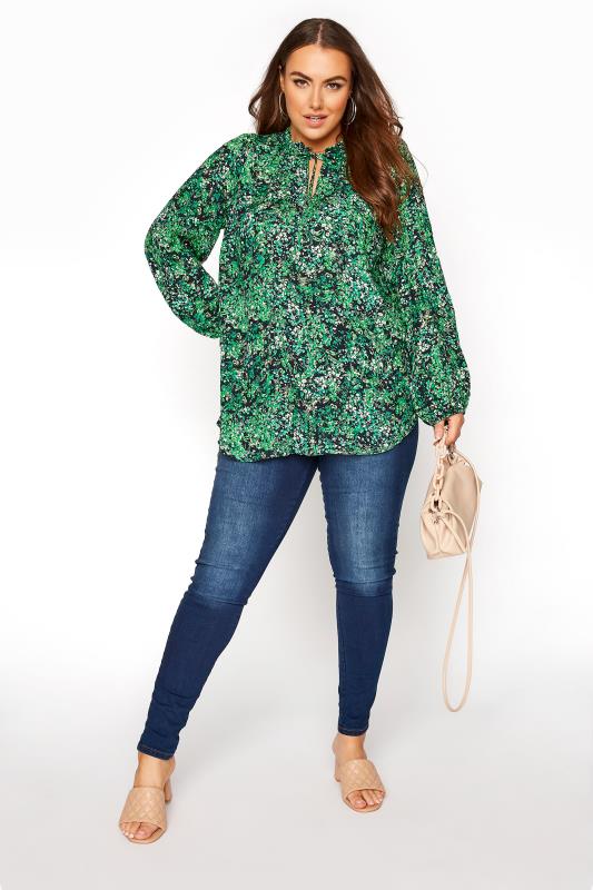 YOURS LONDON Curve Green Floral Tie Frill Neck Blouse_B.jpg