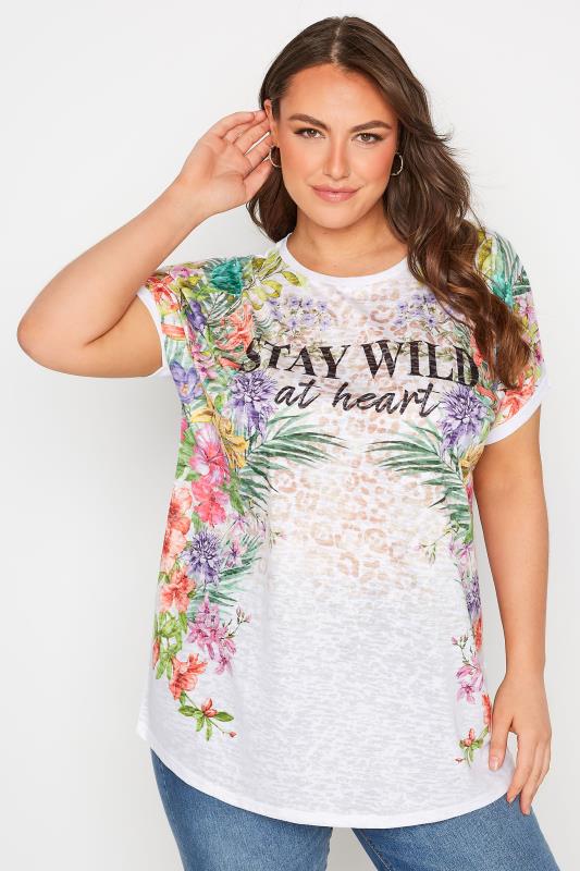 Plus Size  YOURS Curve White 'Stay Wild At Heart' Floral Printed Slogan T-Shirt