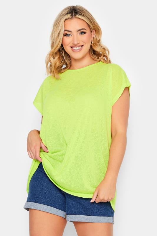 Plus Size  YOURS Curve Lime Green Linen Look T-Shirt