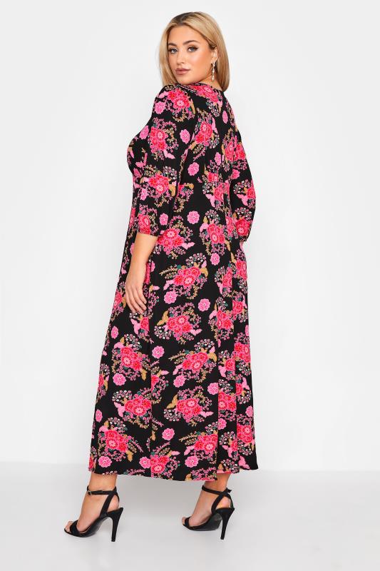 YOURS LONDON Plus Size Black & Pink Floral Side Split Maxi Dress | Yours Clothing 3