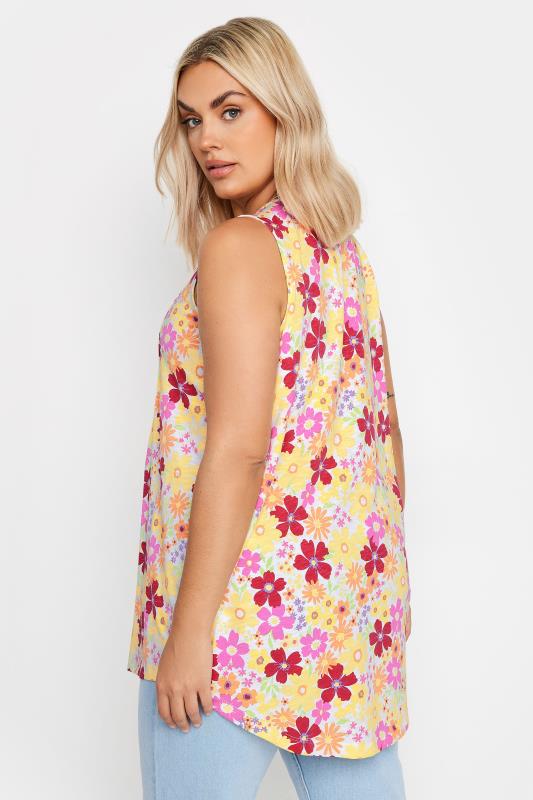 YOURS Plus Size Yellow Floral Print Pintuck Henley Vest Top | Yours Clothing 3