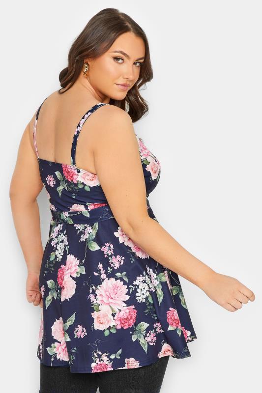 YOURS LONDON Plus Size Navy Blue  Floral Sleeveless Peplum Top | Yours Clothing 3