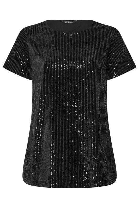 YOURS Plus Size Black Short Sleeve Velvet Sequin Top | Yours Clothing 5