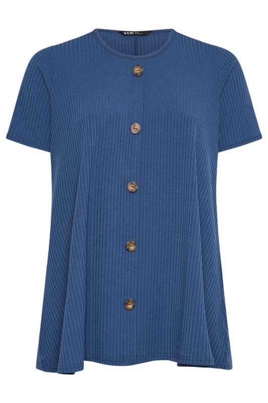 YOURS Plus Size Blue Button Front Ribbed T-Shirt | Yours Clothing 5