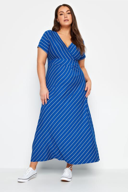 Plus Size  Blue Striped Wrap Maxi Dress
