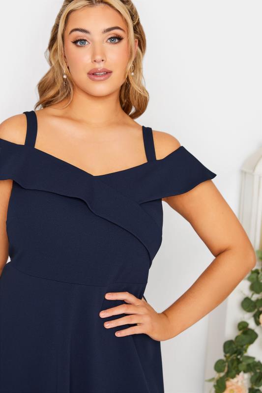 YOURS LONDON Plus Size Curve Navy Blue Bardot High Low Midi Dress | Yours Clothing 3