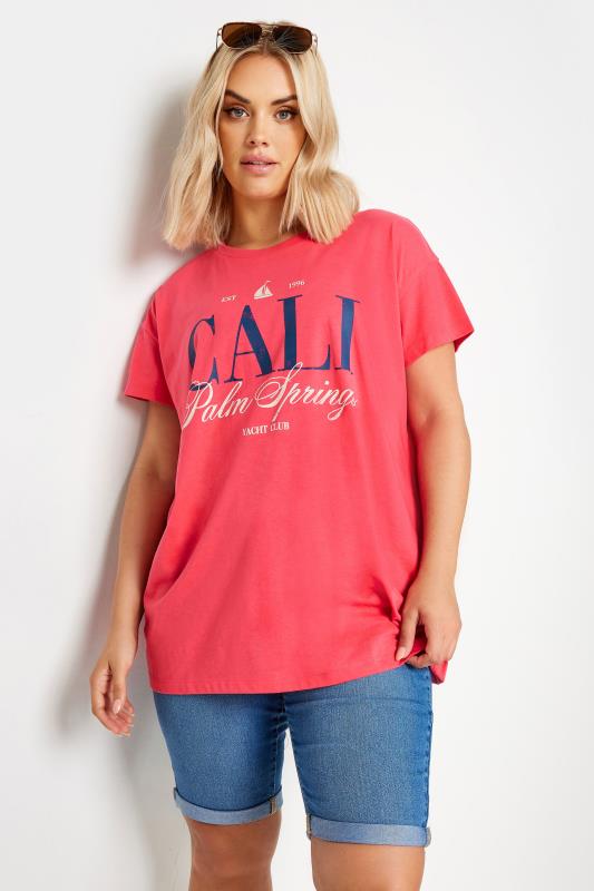 Plus Size  YOURS Curve Red 'Cali Palm Springs' Slogan T-Shirt