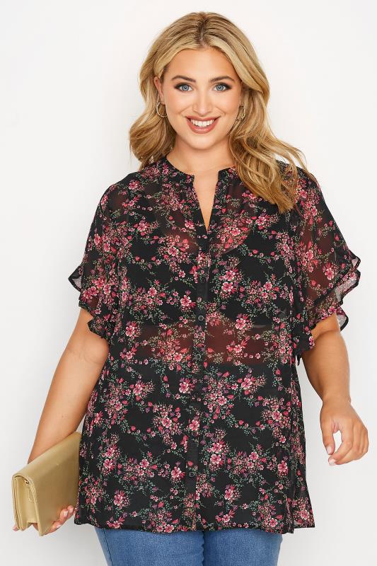 Plus Size Black Floral Short Frill Sleeve Shirt | Yours Clothing 3