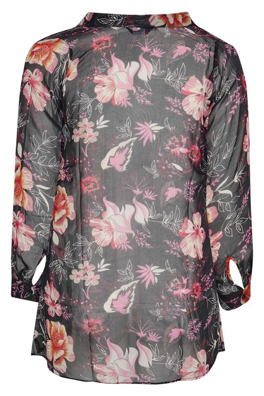 Plus Size Black & Pink Floral Print Button Through Shirt | Yours Clothing 8