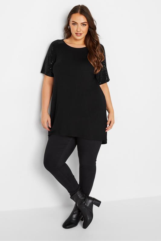 Plus Size Black Sequin Shoulder T-Shirt | Yours Clothing 5