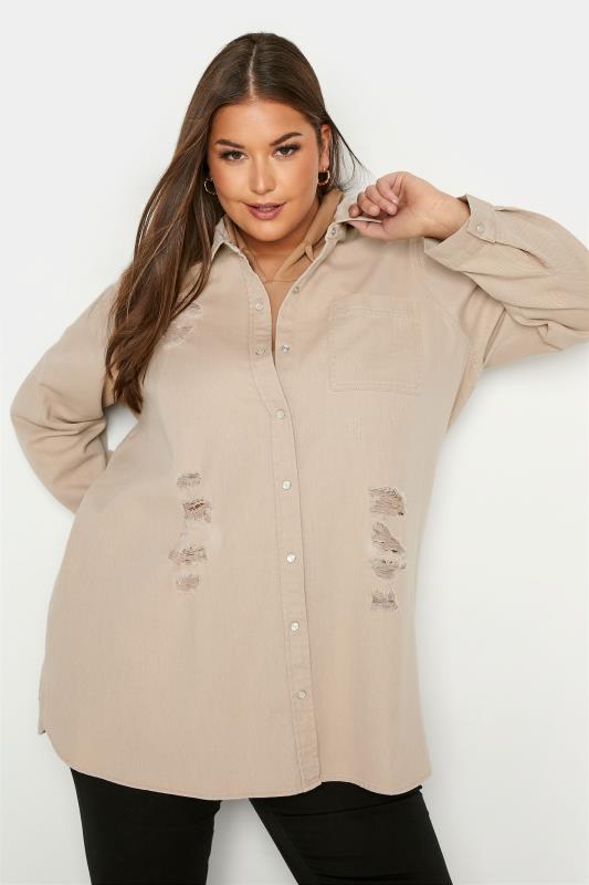 Plus Size Beige Brown Distressed Denim Shirt | Yours Clothing 4