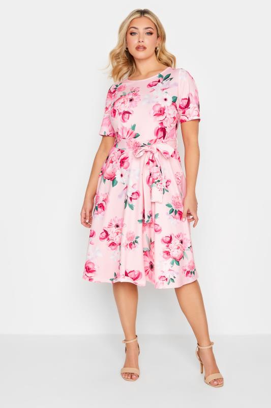 YOURS LONDON Plus Size Pink Floral Print Skater Dress | Yours Clothing 2