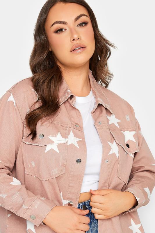 Plus Size Pink Star Print Western Style Distressed Denim Jacket  | Yours Clothing 5