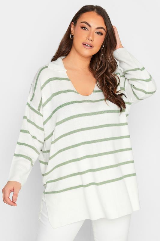 Plus Size Curve White & Green Stripe Collared Jumper | Yours Clothing 1