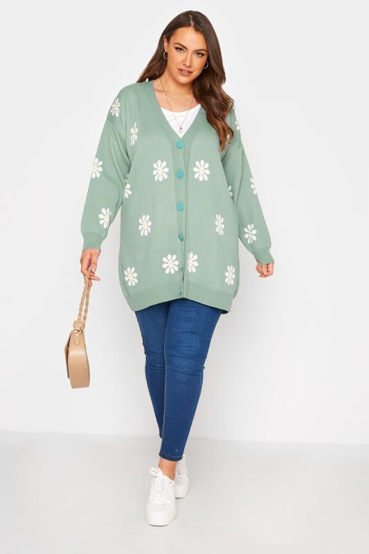 Curve Mint Green Floral Print Knitted Cardigan_C.jpg