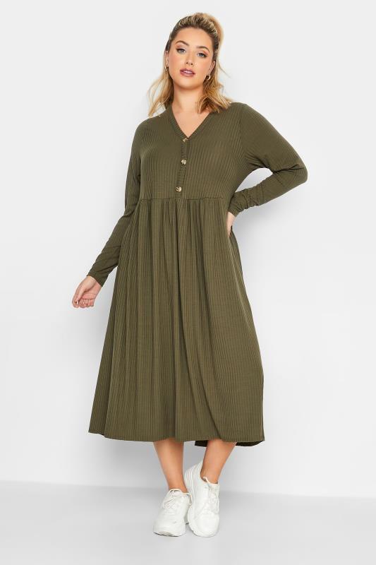 Plus Size  LIMITED COLLECTION Curve Khaki Green Ribbed Midaxi Dress