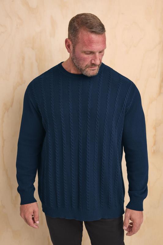 BadRhino Big & Tall Navy Blue Crew Neck Cable Knit Jumper | BadRhino 1