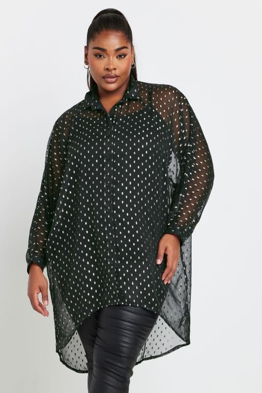  Tallas Grandes YOURS Curve Black Metallic Dipped Hem Shirt