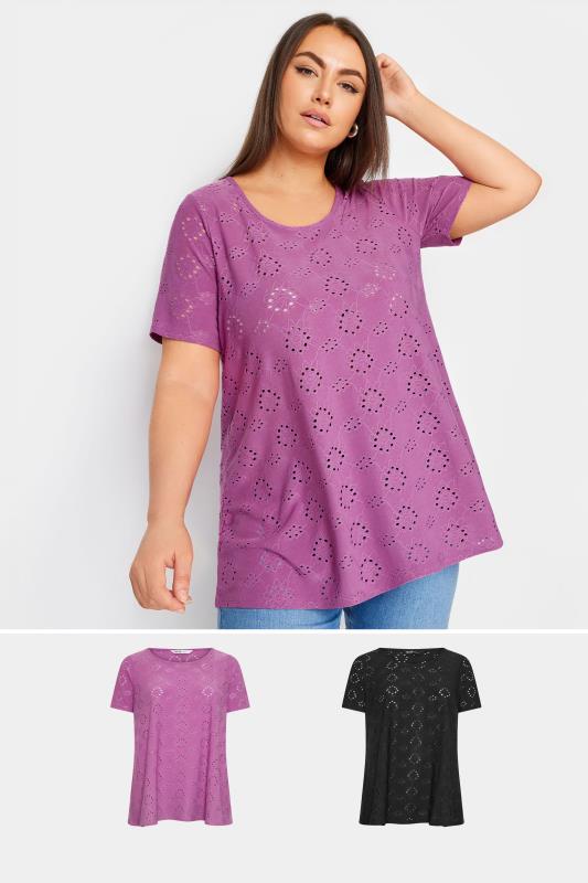  Grande Taille 2 PACK Black & Purple Broderie Anglaise Swing T-Shirts
